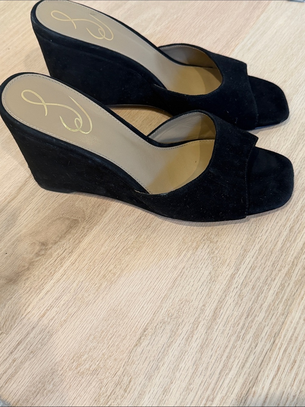 Sam Edelman Black Suede Open-Toe Wedge Slides
